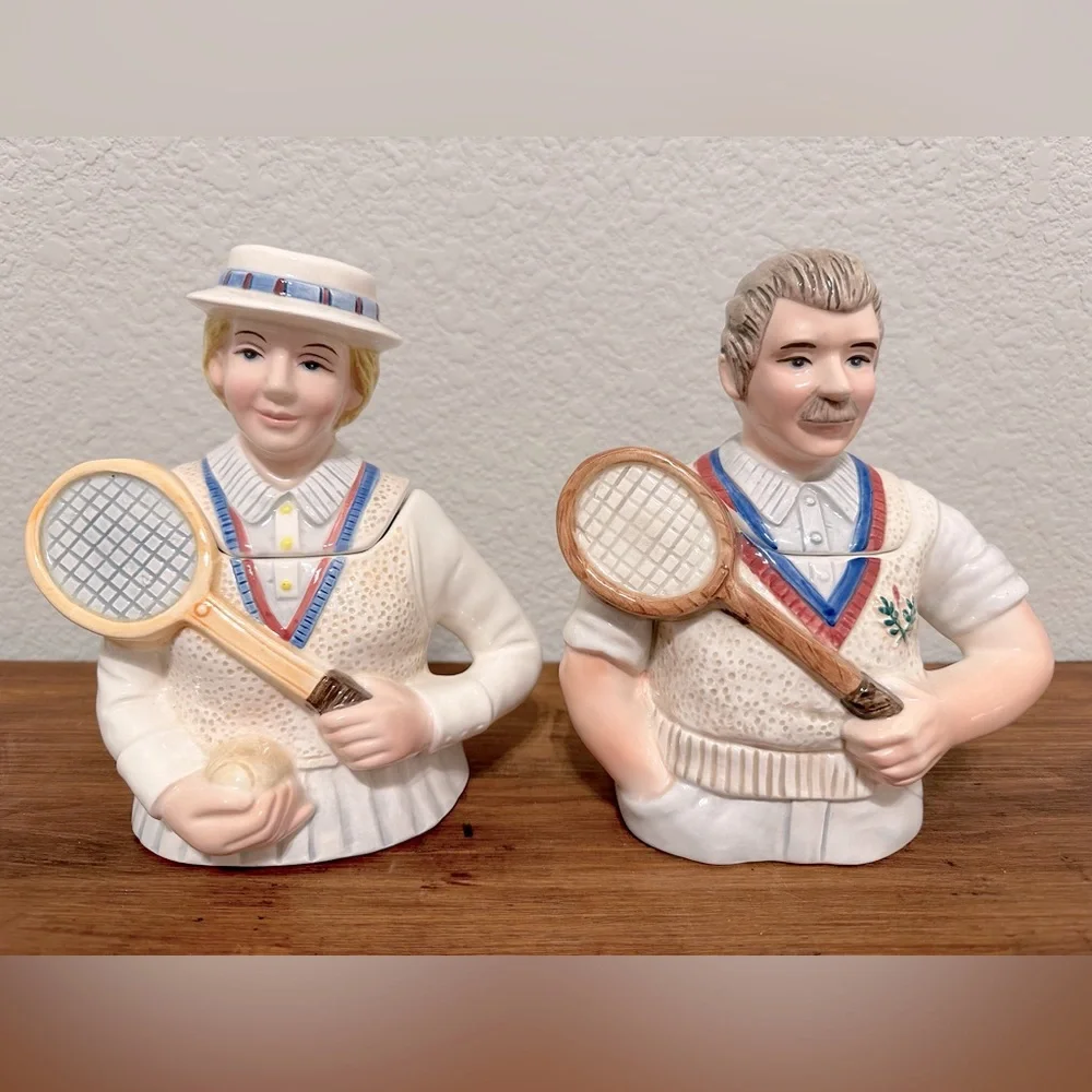 Set of 2 Fitz and Floyd Tennis Tea Pot‎ 1994  Man and Woman Tennis